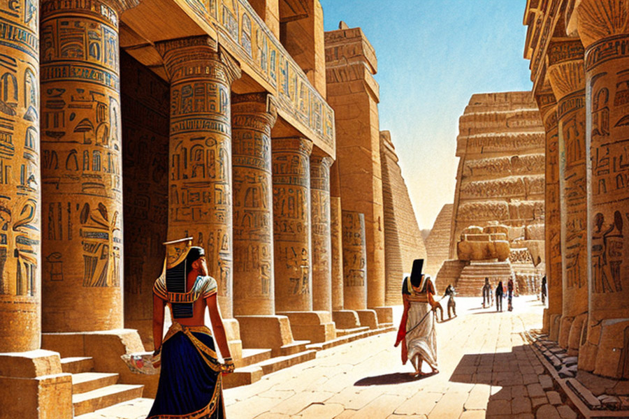 Intricate Representation of an Ancient Egyptian Urban Center Populated with Citizens.