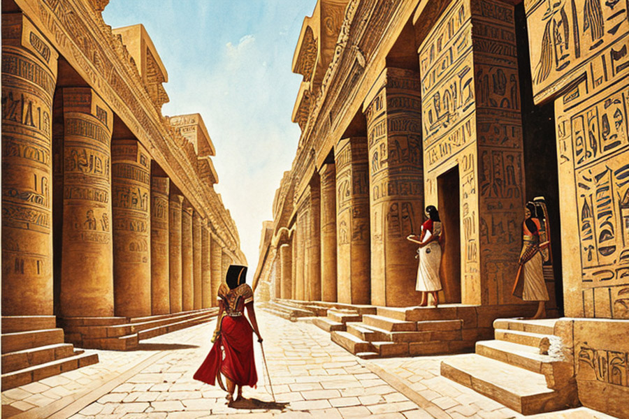 Thoroughly detailed illustration of a bygone Egyptian metropolis, vividly featuring its residents.