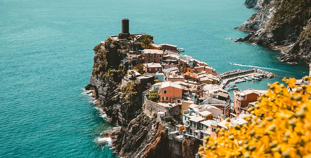 a photo of Summer in Liguria, Italy, Aerial Photography of Cinque Terre in Italy