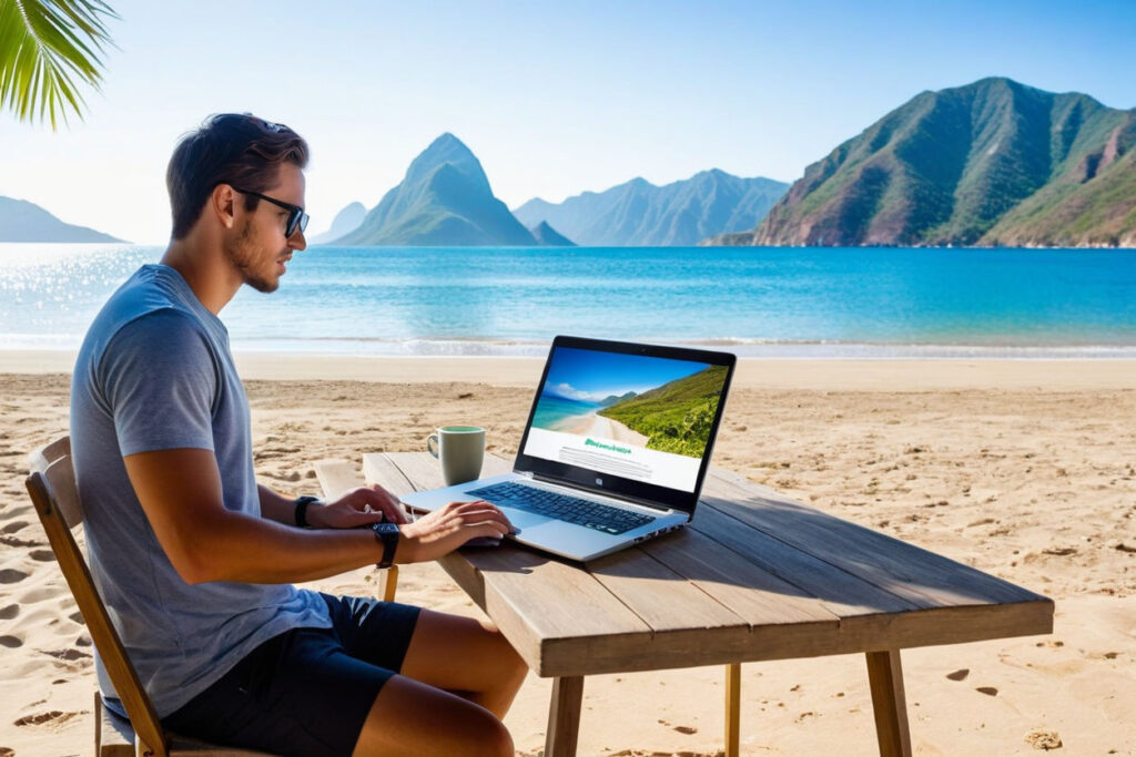 A young digital nomad working on a laptop at a scenic outdoor location, sitting at a small table, showing an internet connection icon on the screen, background features a beach and mountains, natural lighting, relaxed work environment, professional photo, wide-angle view, focus on both the person and the landscape, vibrant colors.