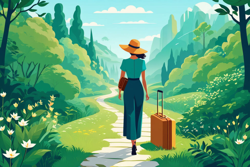 A flat-style vector illustration of a woman holding a suitcase, standing on a path surrounded by nature, with a simple and clean design that conveys sustainable travel.