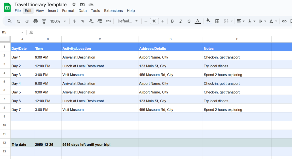 google sheets travel itinerary template